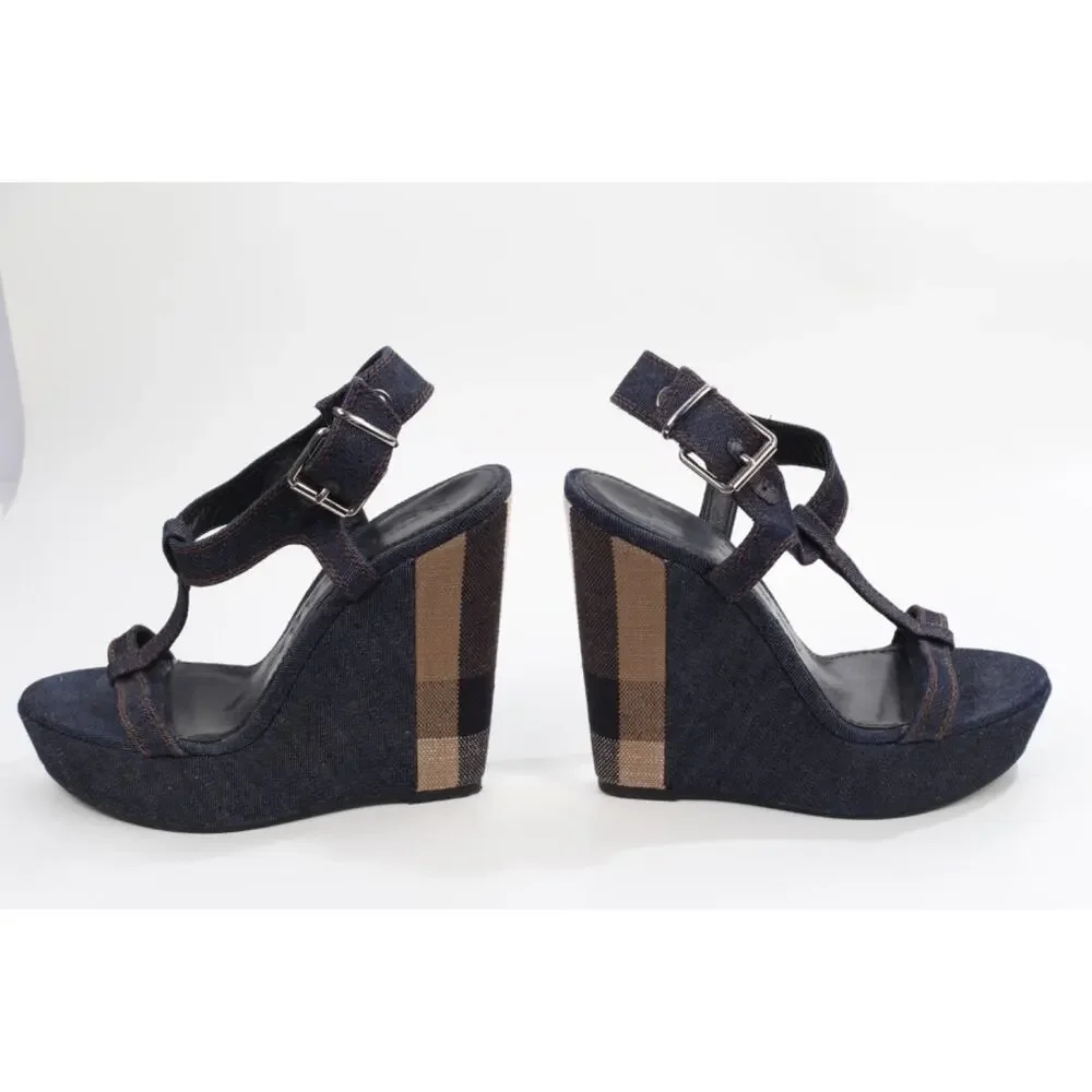 Burberry Navy Denim Buckle Ankle T-Strap Wedge Sandals Designer Shoes Size 38.5 - Picture 11 of 16